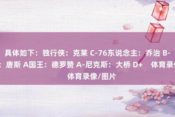 具体如下：独行侠：克莱 C-76东说念主：乔治 B-尼克斯：唐斯 A国王：德罗赞 A-尼克斯：大桥 D+    体育录像/图片